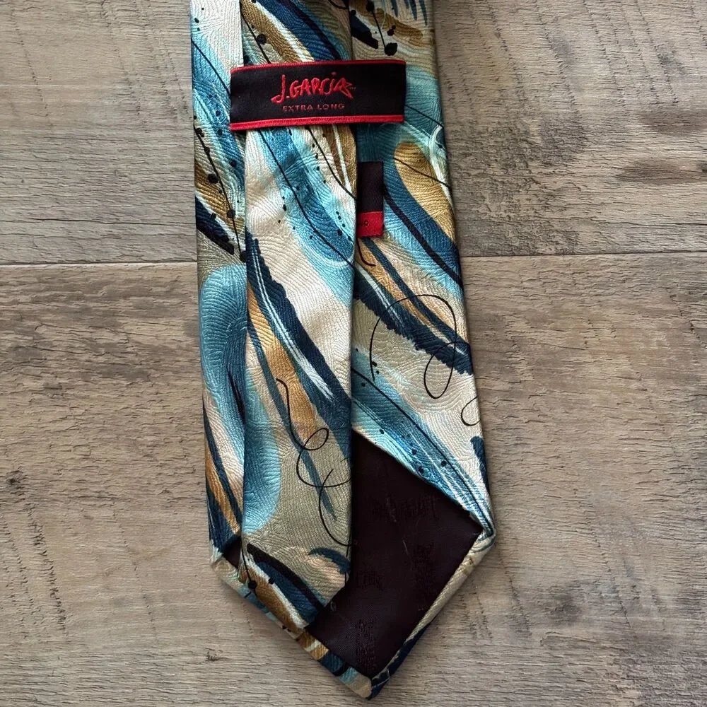 J. Garcia Extra Long 100% Silk Abstract Blue Gold Men's Neck Tie Clockworks